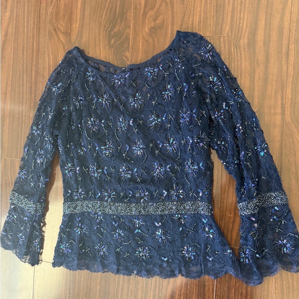 Vintage Laurence Kazar Navy Floral Lace beaded and sequin Blouse size L